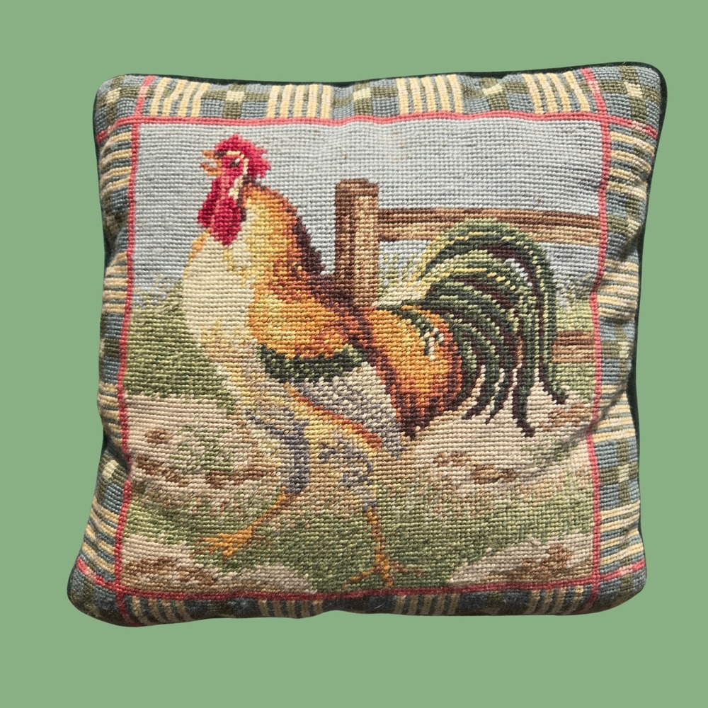 Rooster Needlepoint Wool Throw Pillow Emerald Green Velvet Back vintage-style